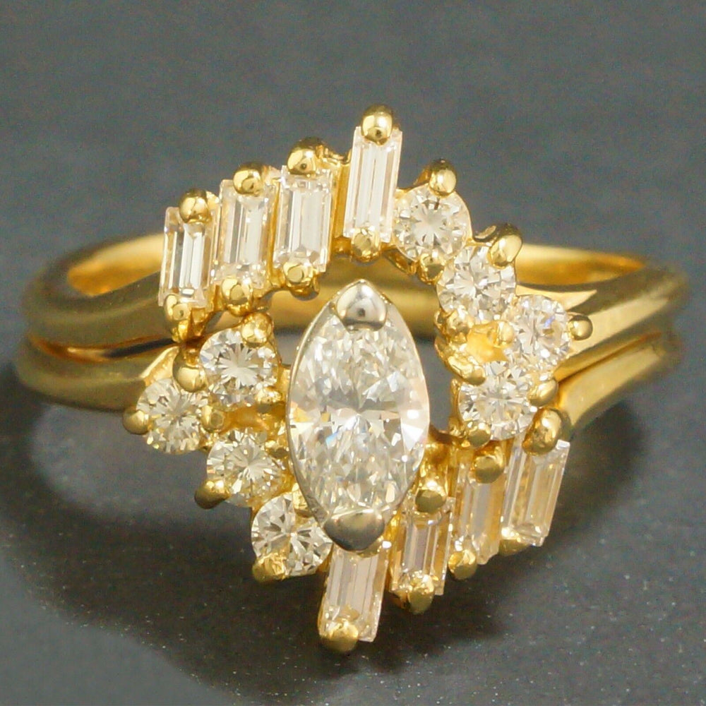 18K Gold, Marquise & Baguette Diamond Engagement Ring, Wedding Band Set 1.0 CTTW
