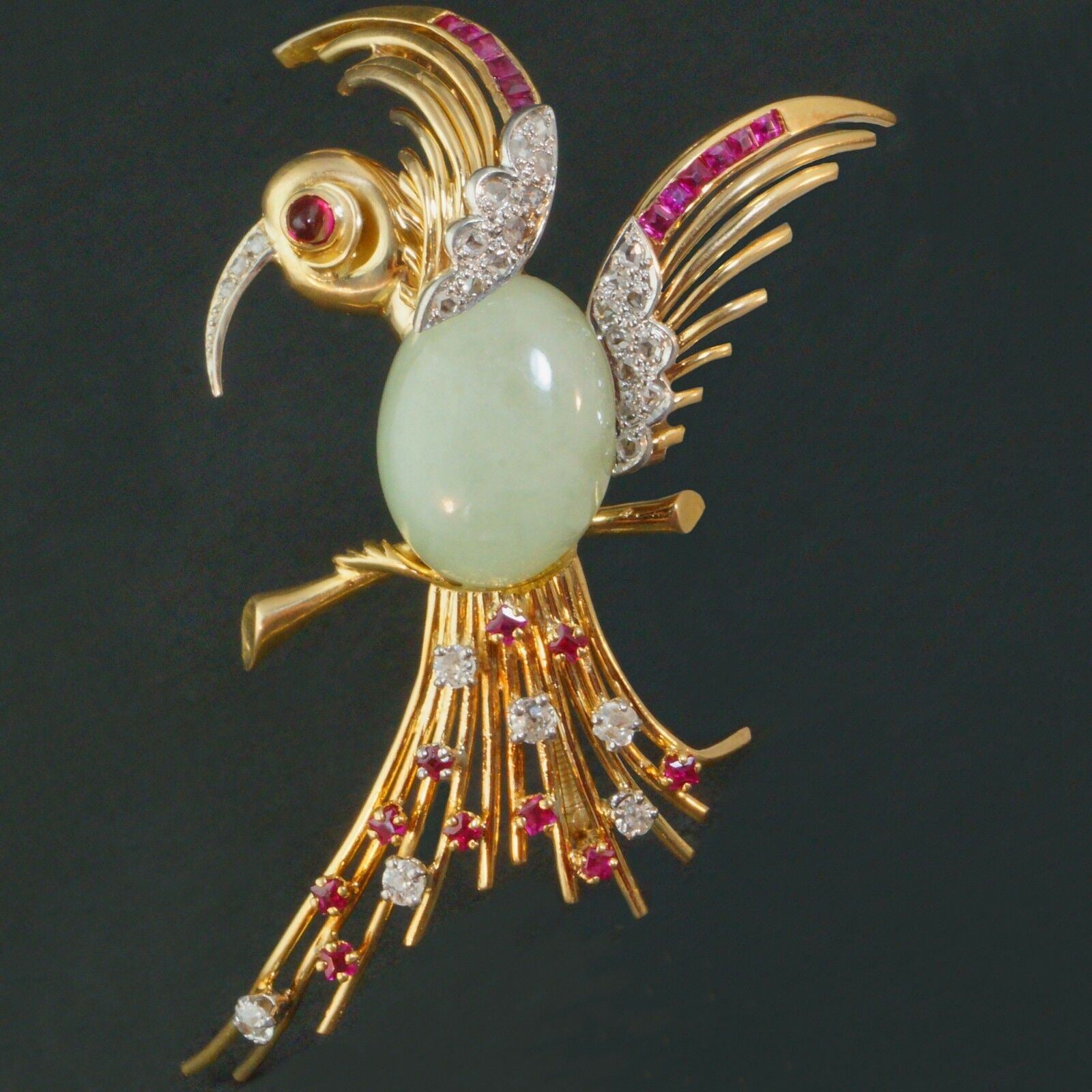 Olde Towne Jewelers Dazzling, Solid 18K Yellow Gold & Jade, Ruby, Diamond Bird Pin, Estate Brooch