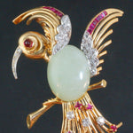 Dazzling, Solid 18K Yellow Gold & Jade, Ruby, Diamond Bird Pin, Estate Brooch, Olde Towne Jewelers, Santa Rosa CA.