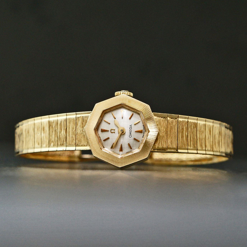 Vintage Omega Octagonal Solid 14K Gold Lady's Bracelet Watch, Linen Di ...