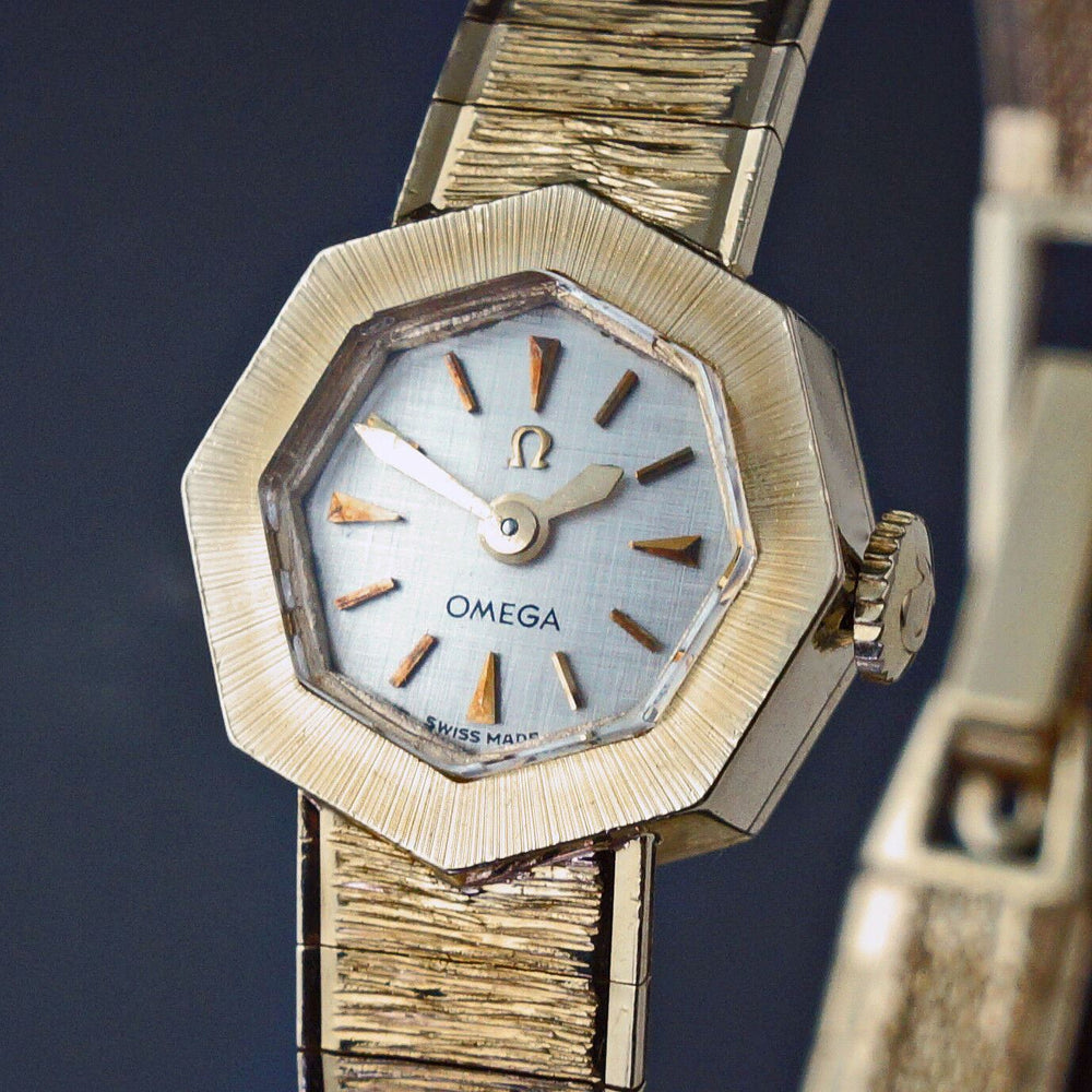 Vintage Omega Octagonal Solid 14K Gold Lady's Bracelet Watch, Linen Dial, Olde Towne Jewelers, Santa Rosa CA.