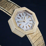 Vintage Omega Octagonal Solid 14K Gold Lady's Bracelet Watch, Linen Dial, Olde Towne Jewelers, Santa Rosa CA.