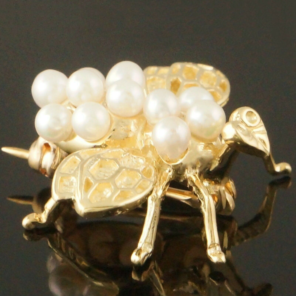 Detailed Solid 14K Yellow Gold & Pearl, 3D Bee Estate Pin, Brooch