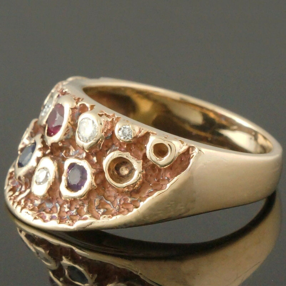 Custom Solid 14K Yellow Gold Ruby, Sapphire, Amethyst, Diamond Half Moon Ring, Olde Towne Jewelers, Santa Rosa CA.