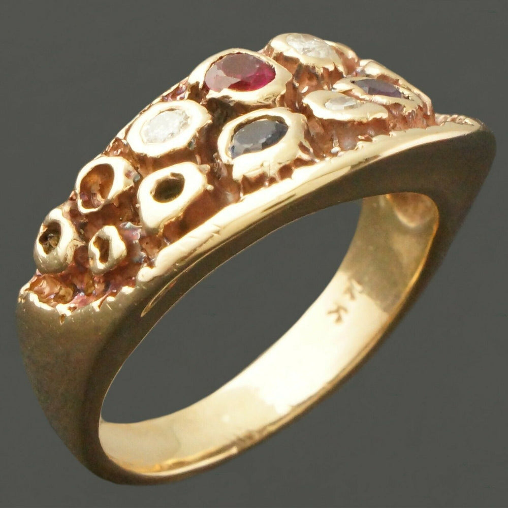Custom Solid 14K Yellow Gold Ruby, Sapphire, Amethyst, Diamond Half Moon Ring, Olde Towne Jewelers, Santa Rosa CA.