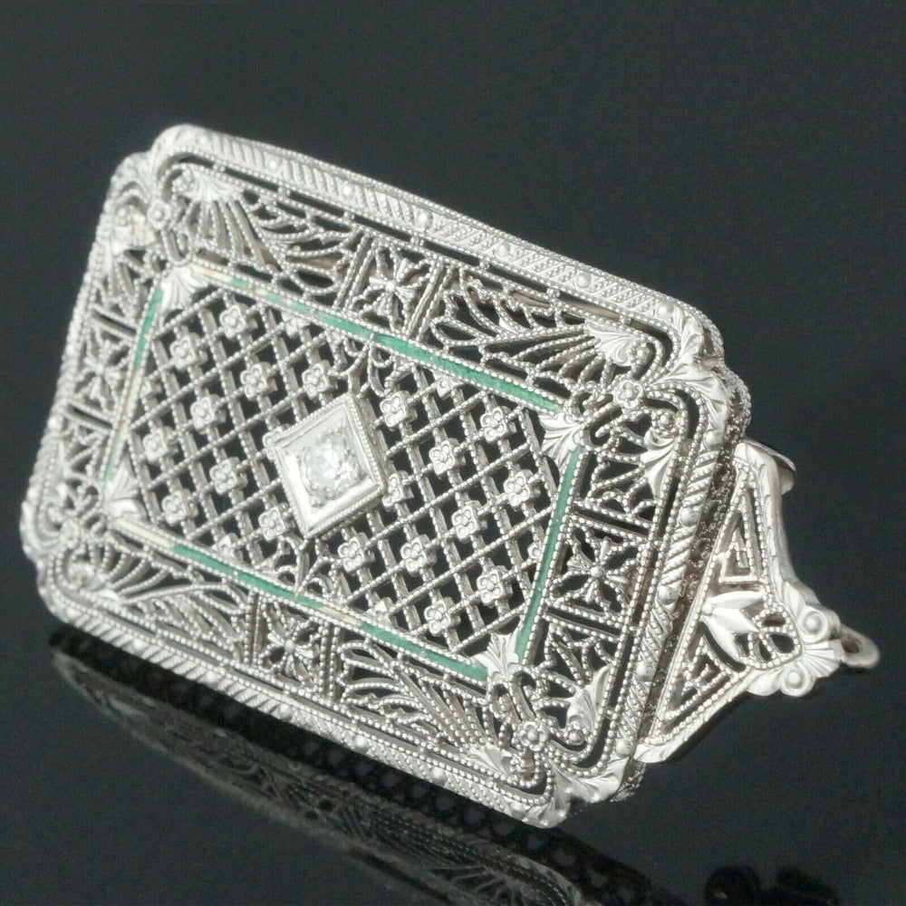 c-1920 Art Deco Platinum, Solid 14K, OEC Diamond & Enamel Filigree Pin, Brooch, Olde Towne Jewelers Santa Rosa Ca.