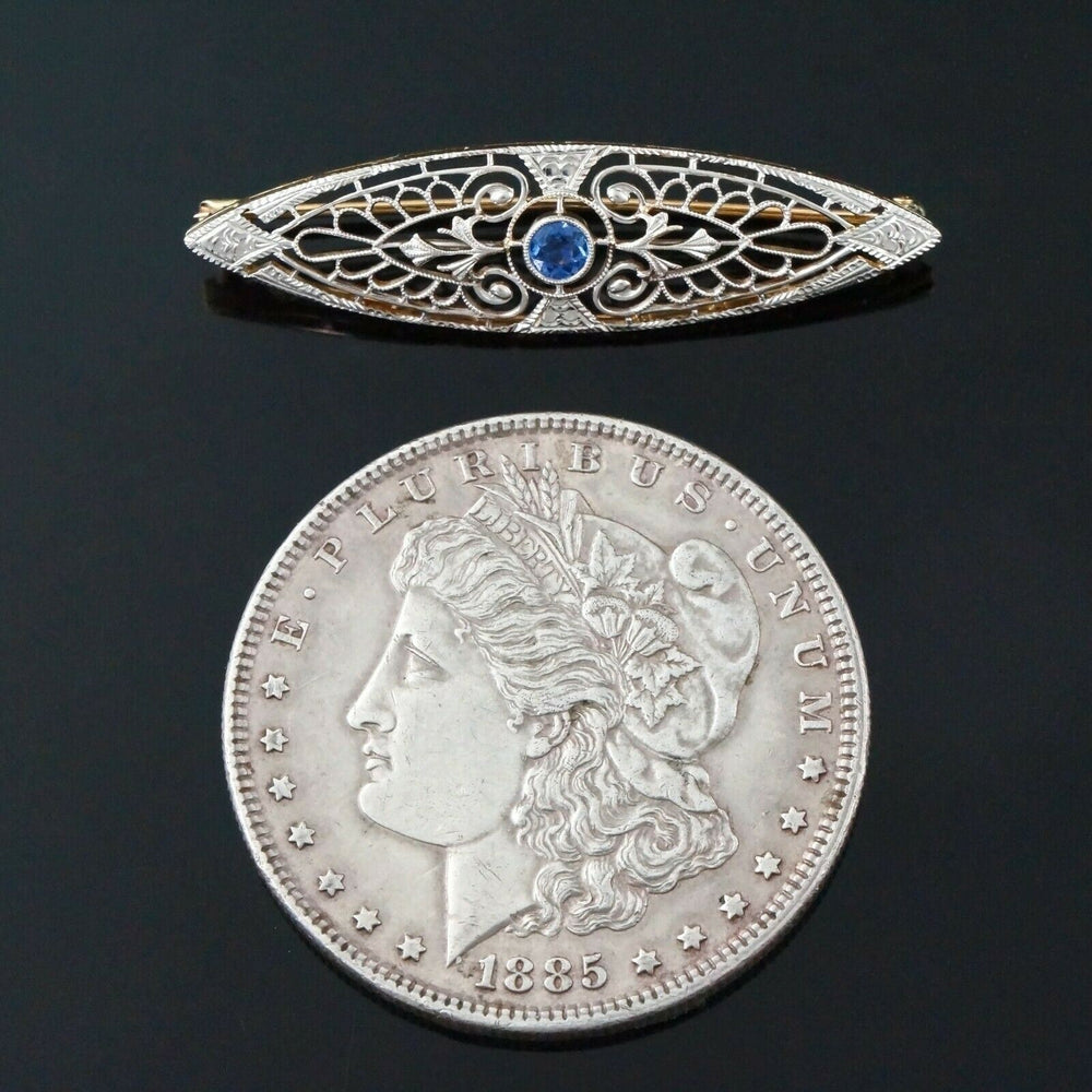 1920s Art Deco Platinum, Solid 14K Gold & .30 Ct. Sapphire Filigree Pin, Brooch, Olde Towne Jewelers Santa Rosa Ca.