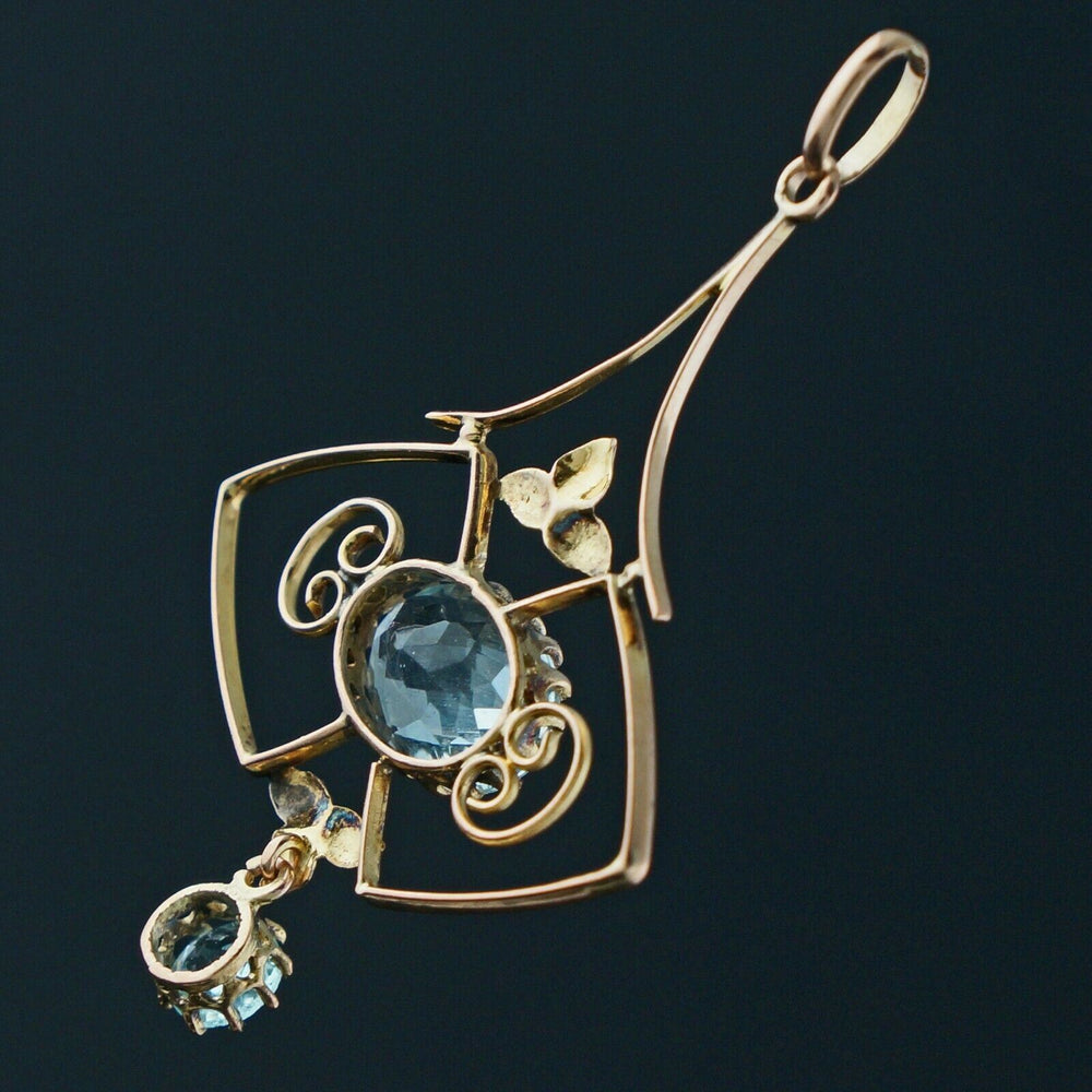 Antique Solid 9K Yellow Gold, 2.5 Ct. Blue Topaz & Glass Accent Drop Pendant, Olde Towne Jewelers Santa Rosa Ca.