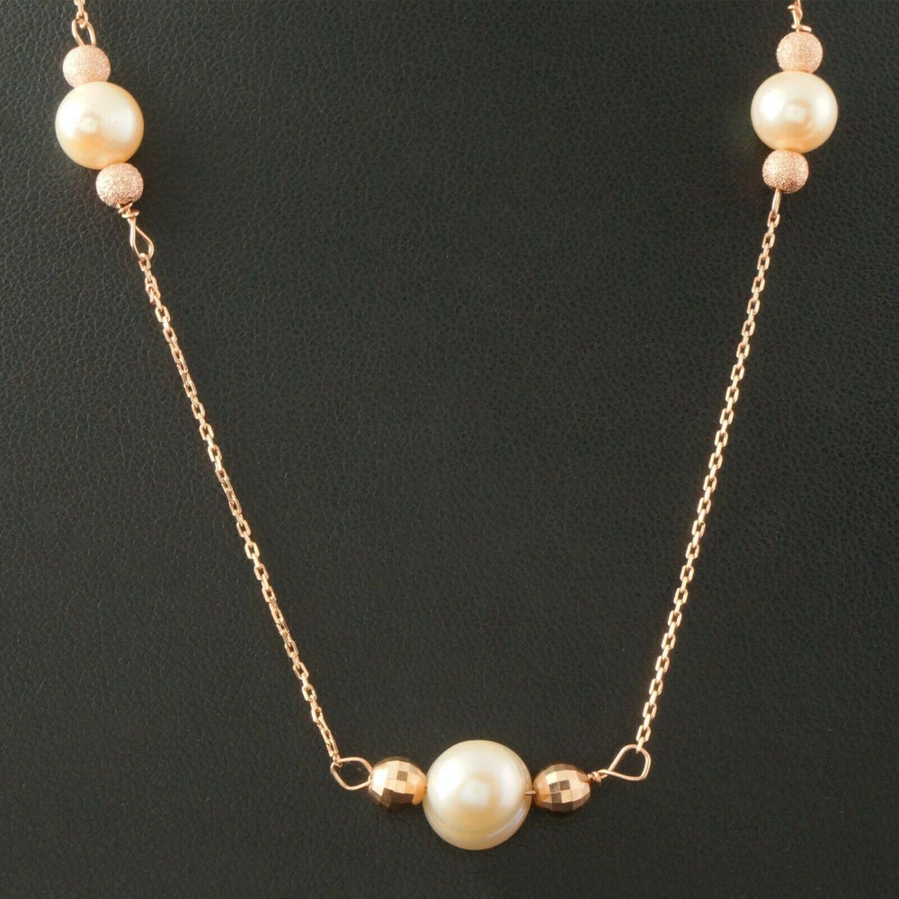 Elegant Solid 14K Rose Gold, Bead, & Freshwater Pearl Estate Chain Necklace