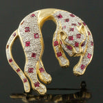 Solid 18K Yellow Gold, Ruby & Diamond Leopard, Panther Estate Pin, Brooch, Olde Towne Jewelers, Santa Rosa CA.