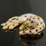 Solid 18K Yellow Gold, Ruby & Diamond Leopard, Panther Estate Pin, Brooch, Olde Towne Jewelers, Santa Rosa CA.