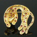 Solid 18K Yellow Gold, Ruby & Diamond Leopard, Panther Estate Pin, Brooch, Olde Towne Jewelers, Santa Rosa CA.