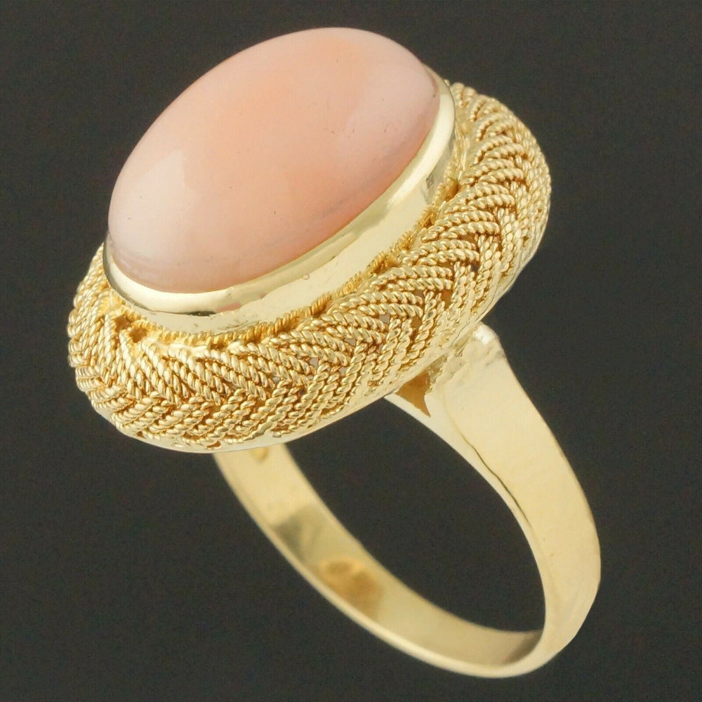 Etruscan Revival Solid 18K Gold & Pink Coral Cabochon, Estate Cocktail Ring