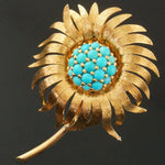 French Solid 18K Yellow Gold & Turquoise Cabochon Sunflower Estate Pin, Brooch