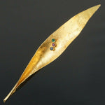Large Solid 18K Yellow Gold, Emerald, Blue Sapphire & Ruby Reed Leaf Pin, Brooch