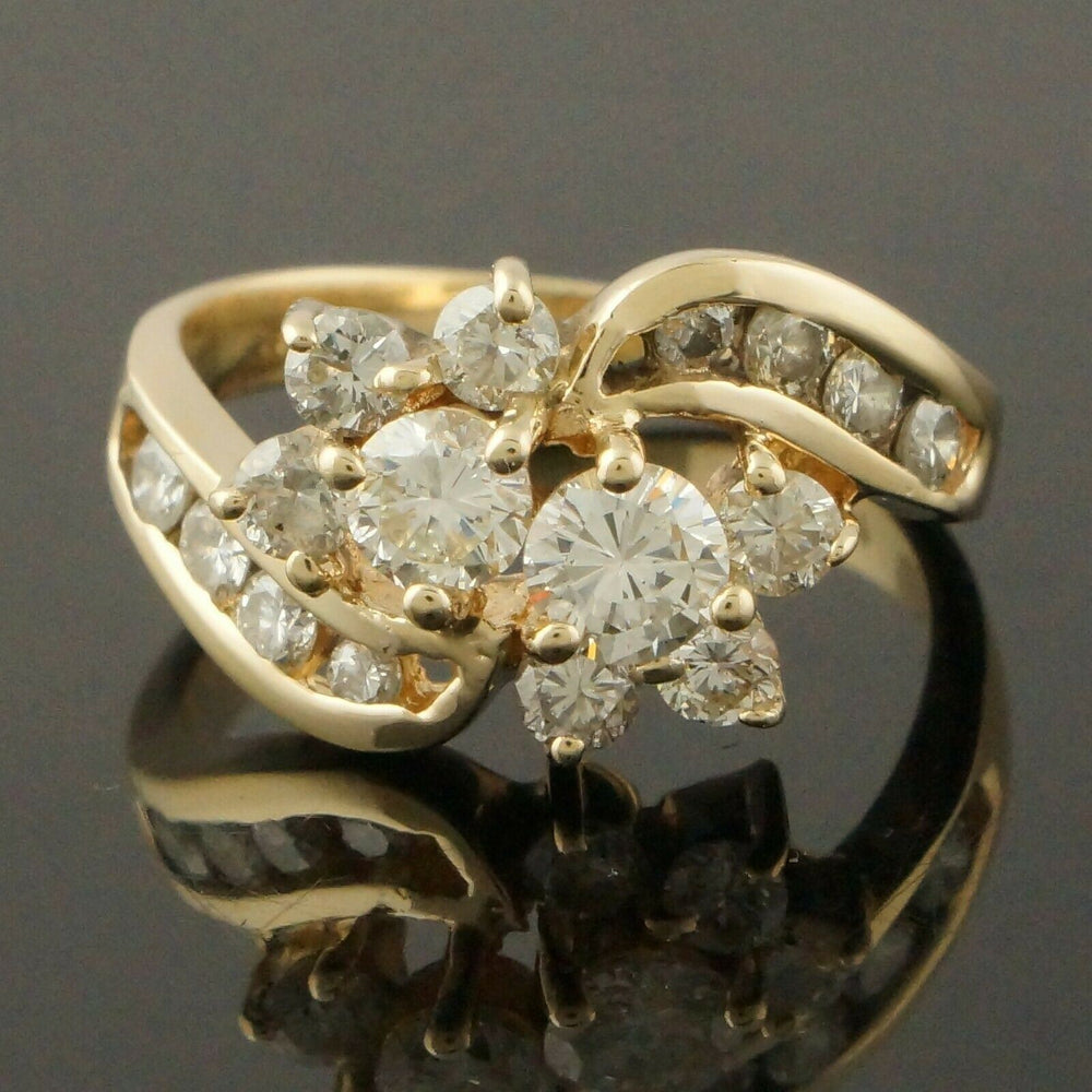 Solid 14K Yellow Gold & 1.07 CTW Diamond Floral Cluster Estate Bypass Ring