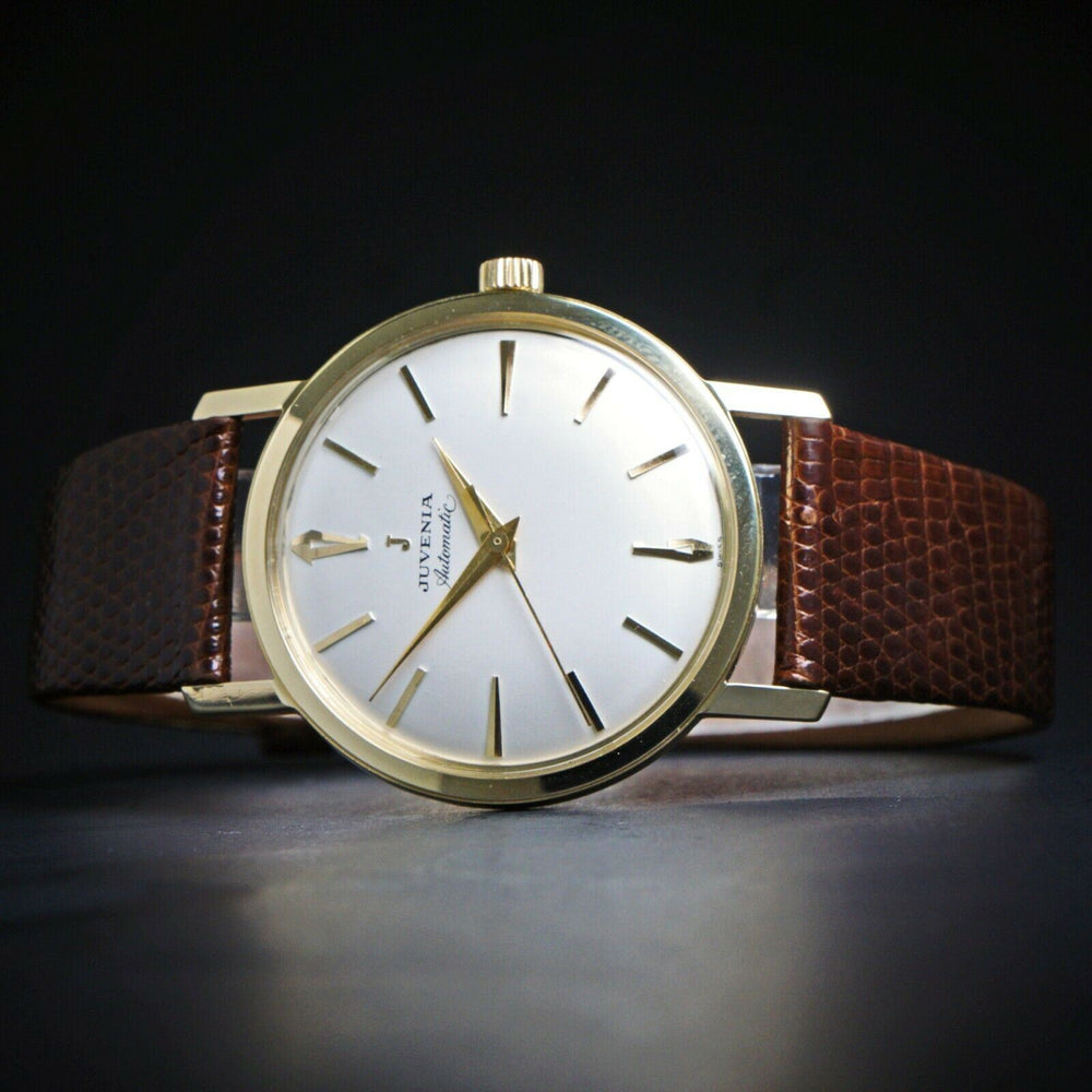 Vintage Juvenia Automatic Solid 14K Gold Man's Screw Back Case Watch, Olde Towne Jewelers, Santa Rosa CA.