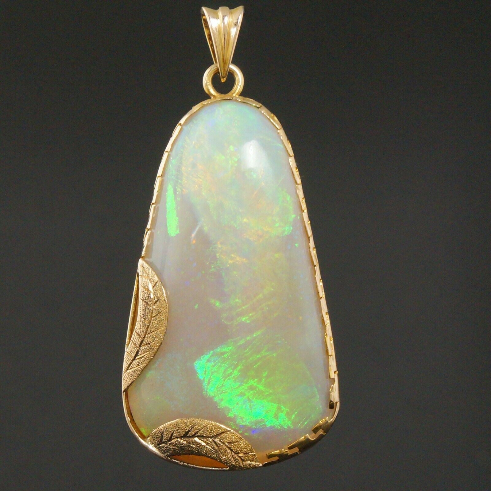 Huge Custom Solid 14K Yellow Gold & Opal Leaf Motif Filigree Drop Pendant