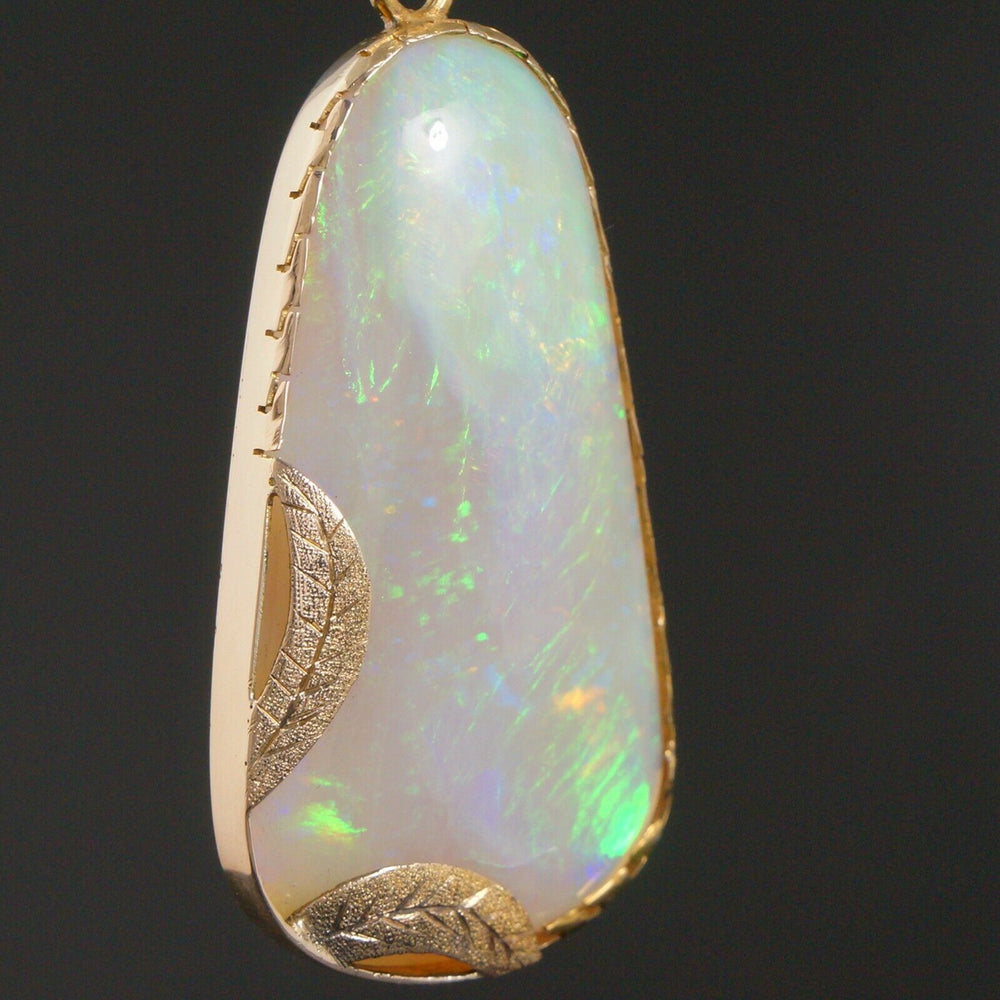 Huge Custom Solid 14K Yellow Gold & Opal Leaf Motif Filigree Drop Pendant, Olde Towne Jewelers, Santa Rosa CA.