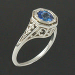 1920s Art Deco Solid 18K White Gold Filigree & 1.0 Ct. Blue Sapphire Estate Ring, Olde Towne Jewelers, Santa Rosa CA.