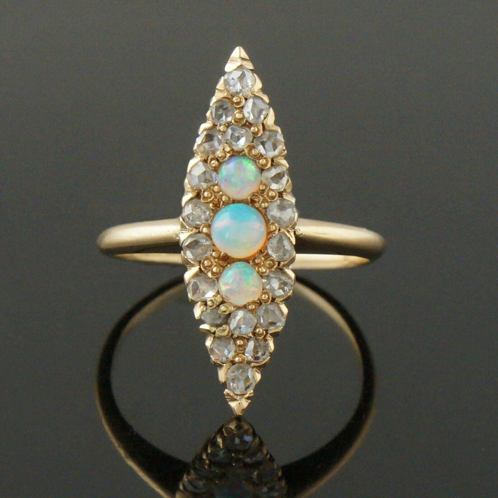 Antique c1900's Solid 14K Yellow Gold, 3 Stone Opal & Diamond Estate Ring, Olde Towne Jewelers, Santa Rosa CA.