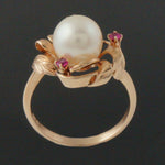 Retro Deco Solid 14K Rose Gold Pearl & Ruby Floral Motif Filigree Estate Ring, Olde Towne Jewelers, Santa Rosa CA.