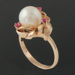 Retro Deco Solid 14K Rose Gold Pearl & Ruby Floral Motif Filigree Estate Ring, Olde Towne Jewelers, Santa Rosa CA.