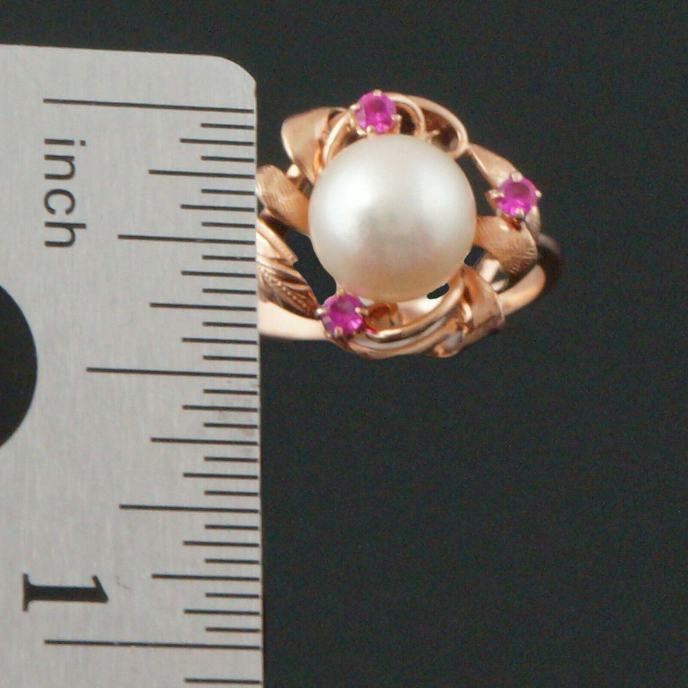 Retro Deco Solid 14K Rose Gold Pearl & Ruby Floral Motif Filigree Estate Ring, Olde Towne Jewelers, Santa Rosa CA.