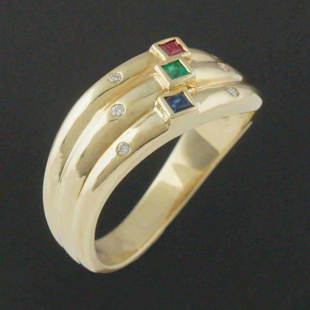 Custom Solid 14K Yellow Gold, Diamond, Ruby, Sapphire & Emerald Estate Ring