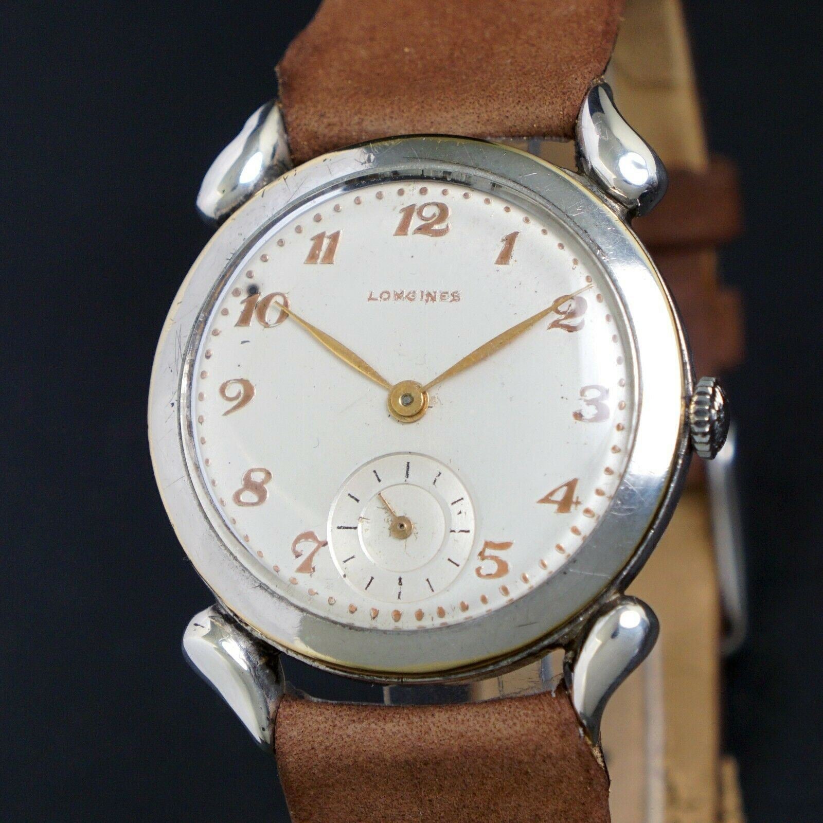 1928 Longines Sterling Silver Man's Dress Watch, Fancy Horn Lugs