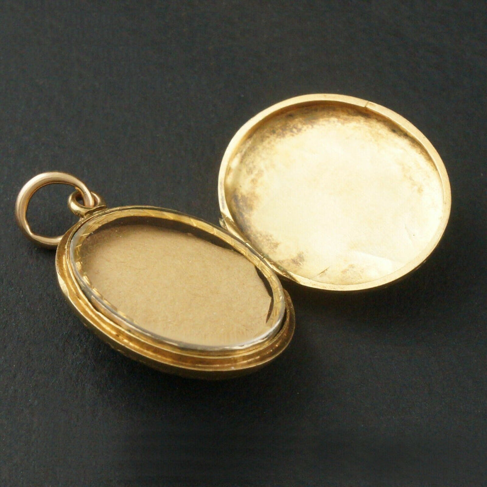 Victorian Engraved Solid 14K Yellow Gold, Enamel & Pearl Photo Locket Pendant, Olde Towne Jewelers, Santa Rosa CA.