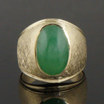 Heavy Solid 14K Gold & Oval Apple Green Jade Cabochon Estate Cigar Band, Ring