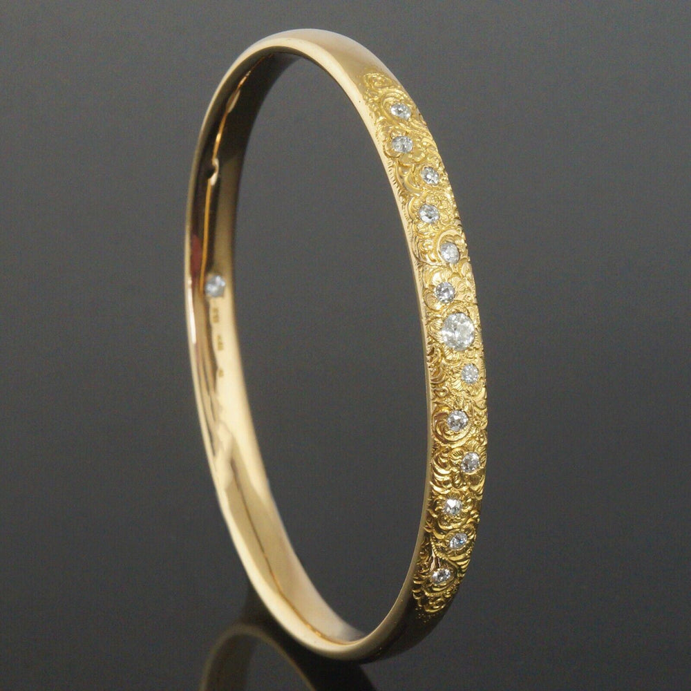 Solid 18K Gold & .96 CTW OMC Diamond, 7 1/4" Engraved Floral Bangle Bracelet
