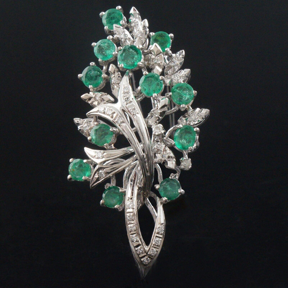 Retro Solid 18K White Gold, 1.80 CTW Emerald & Diamond, Estate Pendant Brooch, Olde Towne Jewelers, Santa Rosa CA.