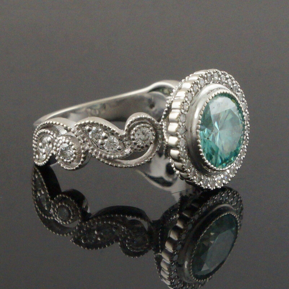 Solid 14K Gold Filigree 2.33 Ct Blue Zircon .26 CTW Diamond Halo Engagement Ring, Olde Town Jewelers, Santa Rosa CA.