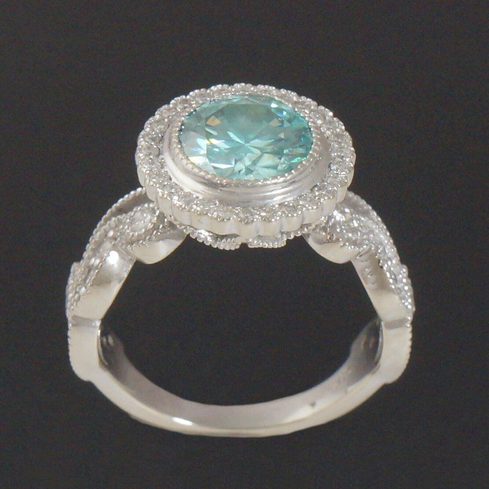 Solid 14K Gold Filigree 2.33 Ct Blue Zircon .26 CTW Diamond Halo Engagement Ring, Olde Town Jewelers, Santa Rosa CA.