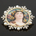 Rare Antique Limoges Solid 18K Gold Diamond Pearl Polychrome Enamel Pin, Brooch, Olde Towne Jewelers, Santa Rosa CA.