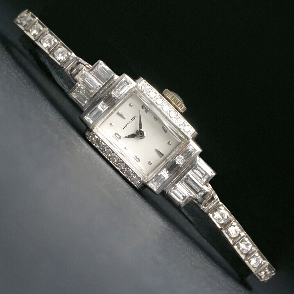 Stunning Hamilton Platinum & White Gold Diamond Woman's Bracelet Watch, MINT!