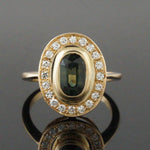 Solid 14K Yellow Gold, 1.10 Ct. Green Tourmaline & Diamond Halo Estate Ring, Olde Towne Jewelers, Santa Rosa CA. 