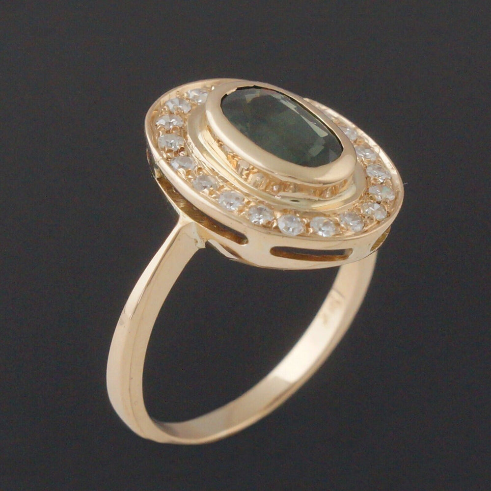Solid 14K Yellow Gold, 1.10 Ct. Green Tourmaline & Diamond Halo Estate Ring, Olde Towne Jewelers, Santa Rosa CA. 