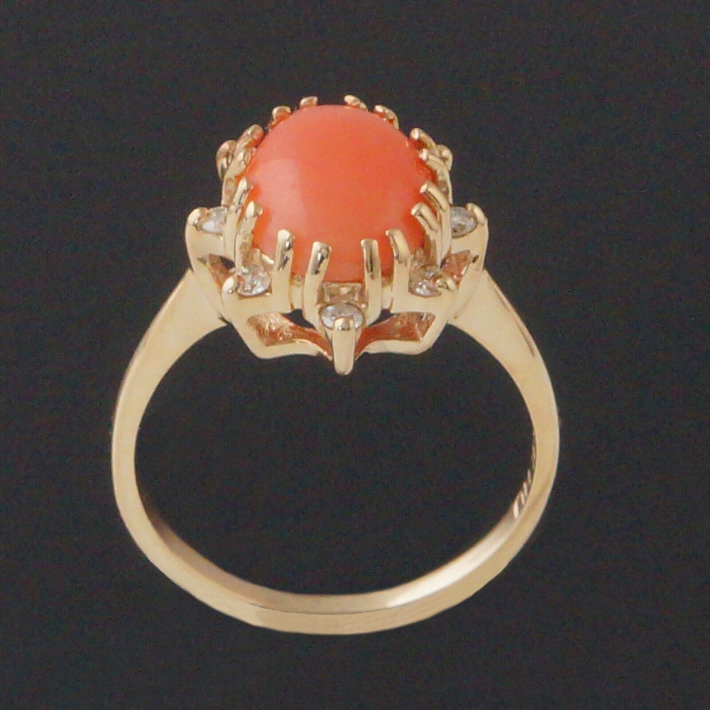 Solid 14K Yellow Gold, Coral Cabochon & Diamond Pointed Halo Estate Ring, Olde Towne Jewelers, Santa Rosa CA.