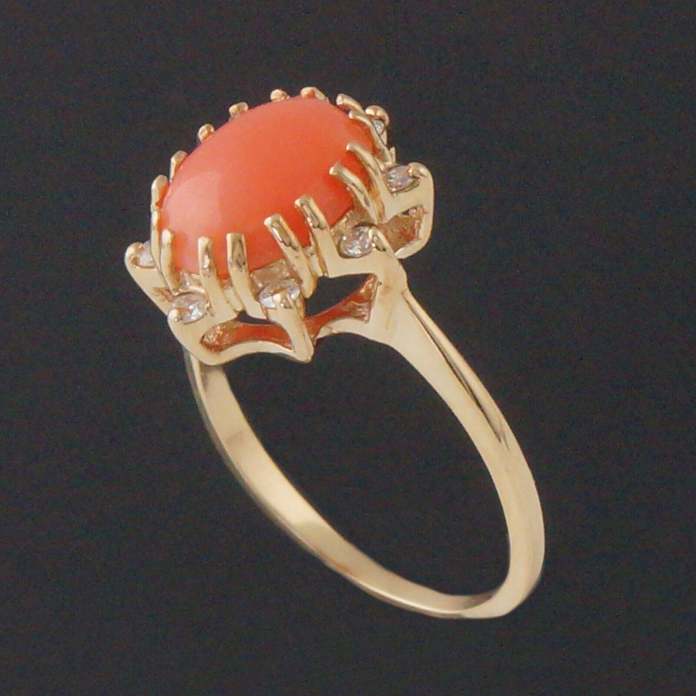 Solid 14K Yellow Gold, Coral Cabochon & Diamond Pointed Halo Estate Ring, Olde Towne Jewelers, Santa Rosa CA.