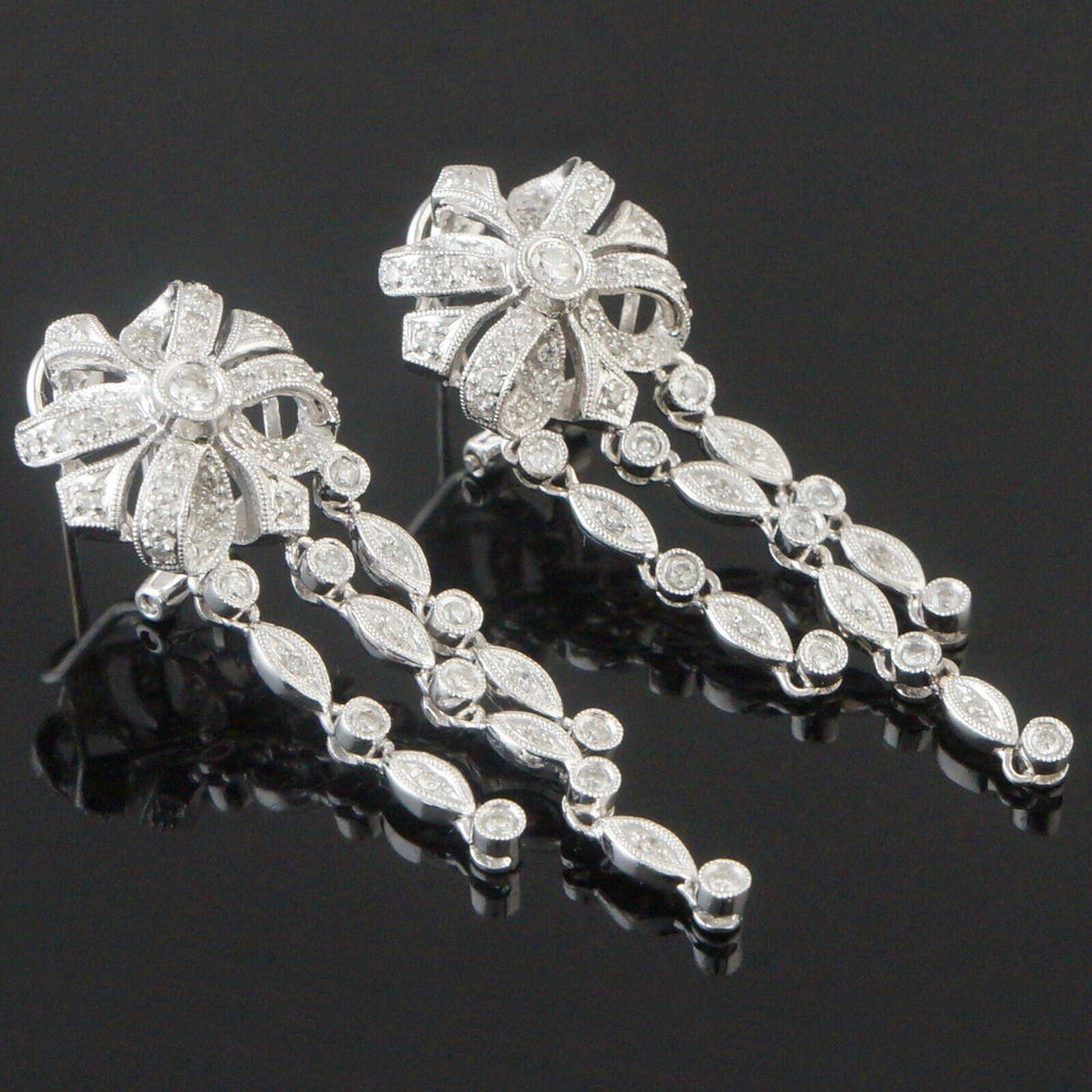 Solid 18K White Gold & .78 CTW Diamond Filigree Bow Chandelier Dangle Earrings, Olde Towne Jewelers, Santa Rosa CA.