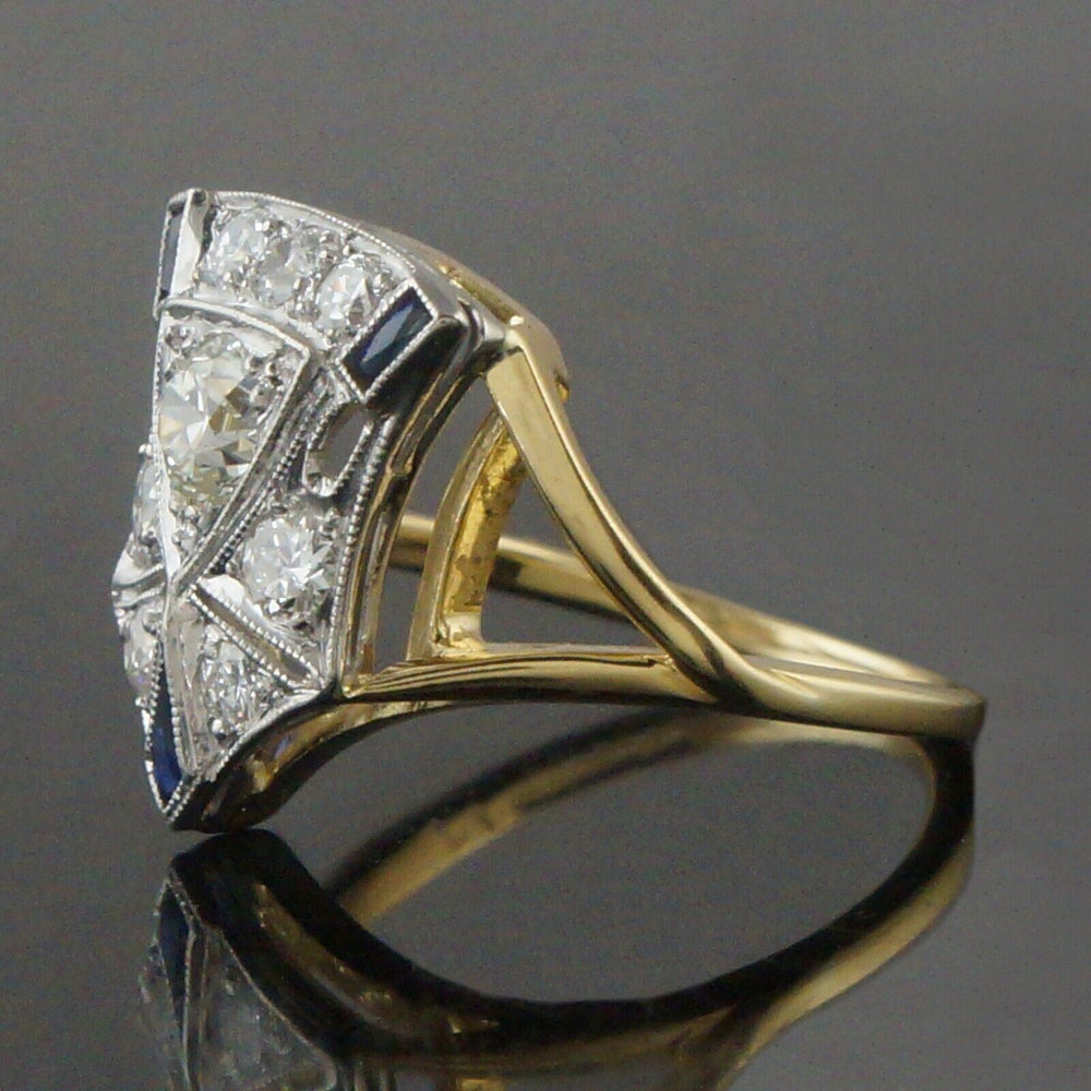 Platinum & 18K Gold .90 CTW OEC Diamond & Sapphire Filigree Shield Estate Ring, Old Towne Jewelers, Santa Rosa CA.