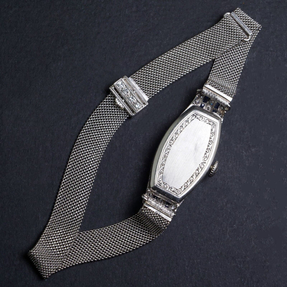 Rare 1920s Glycine Platinum Diamond & Sapphire Woman's Bracelet Art Deco Watch, Olde Towne Jewelers, Santa Rosa CA.