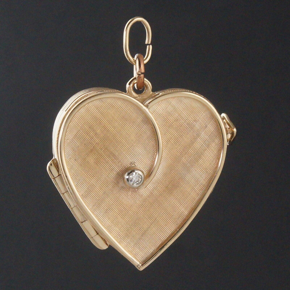 Vintage Solid 14K Yellow Gold & Diamond Heart Triple Photo Locket Estate Pendant