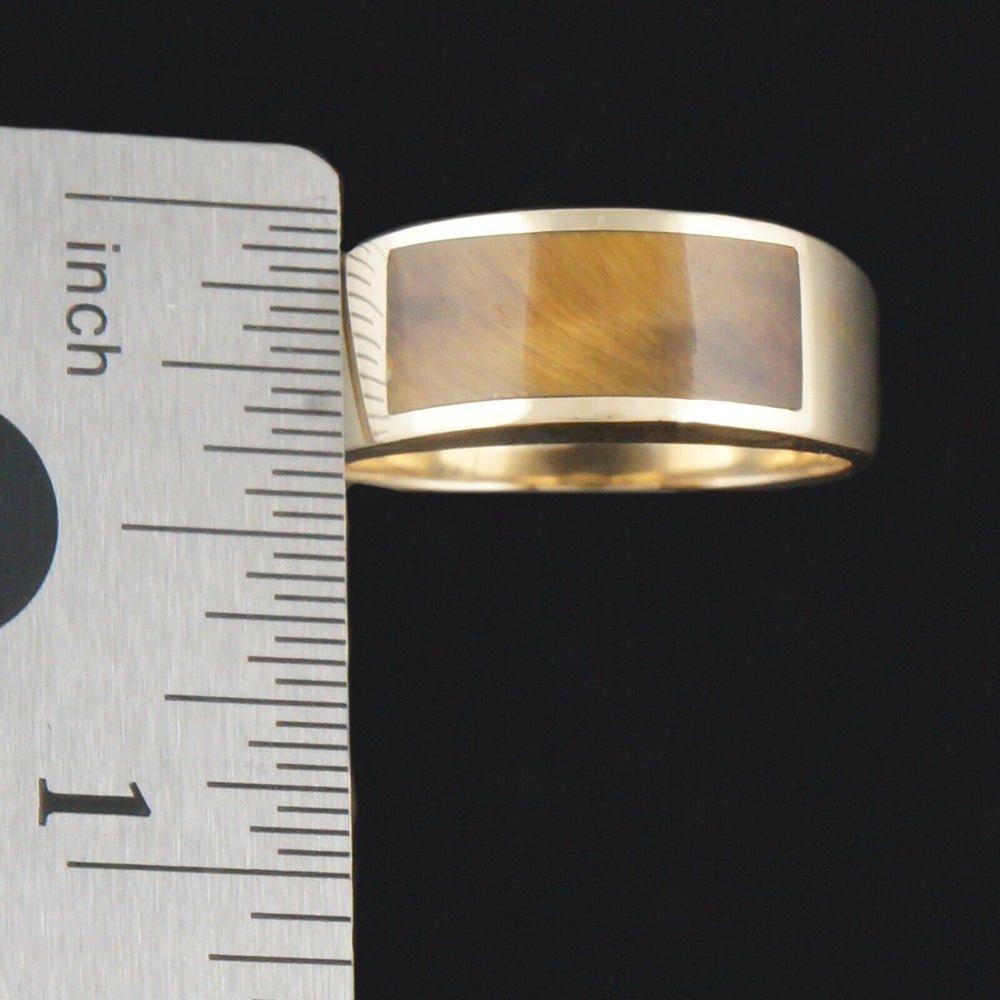 Custom Solid 14K Yellow Gold & Tiger's Eye Inlay Tapered Cigar Band Estate Ring, Olde Towne Jewelers, Santa Rosa CA