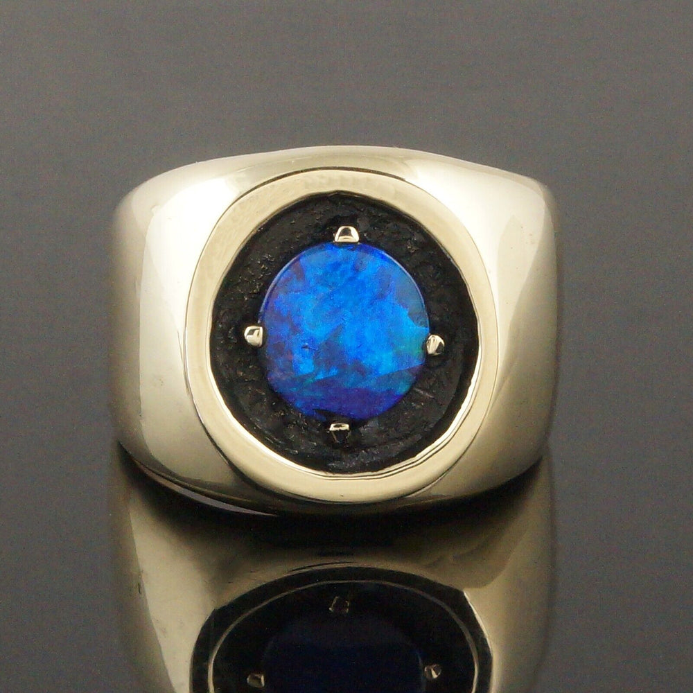 Heavy Solid 14K Yellow Gold & Black Opal Man's Ring, Estate Cigar Band