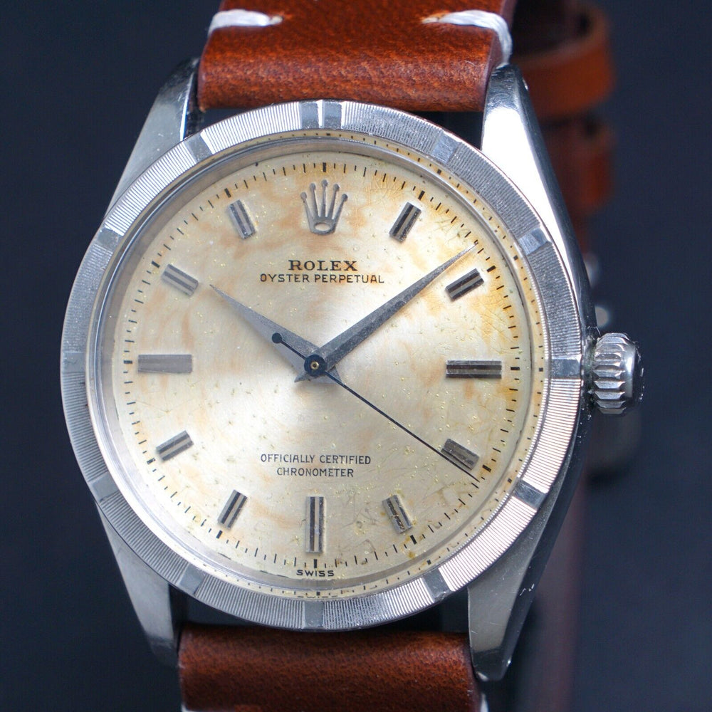 Stunning 1957 Rolex 6569 Oyster Perpetual Stainless Steel 34mm Tropical Dial, Olde Towne Jewelers, Santa Rosa CA.