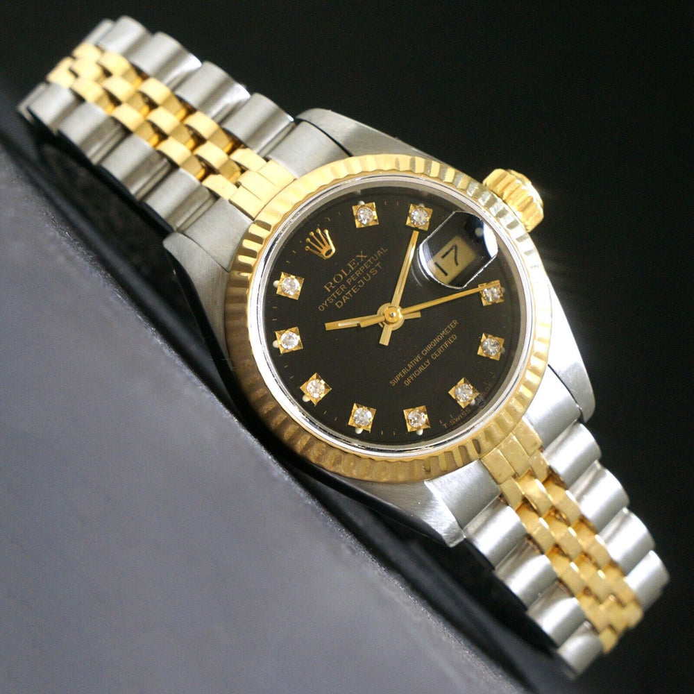 Stunning 1989 Rolex 69173 Lady Datejust Black Diamond Dial Box, Papers Near MINT